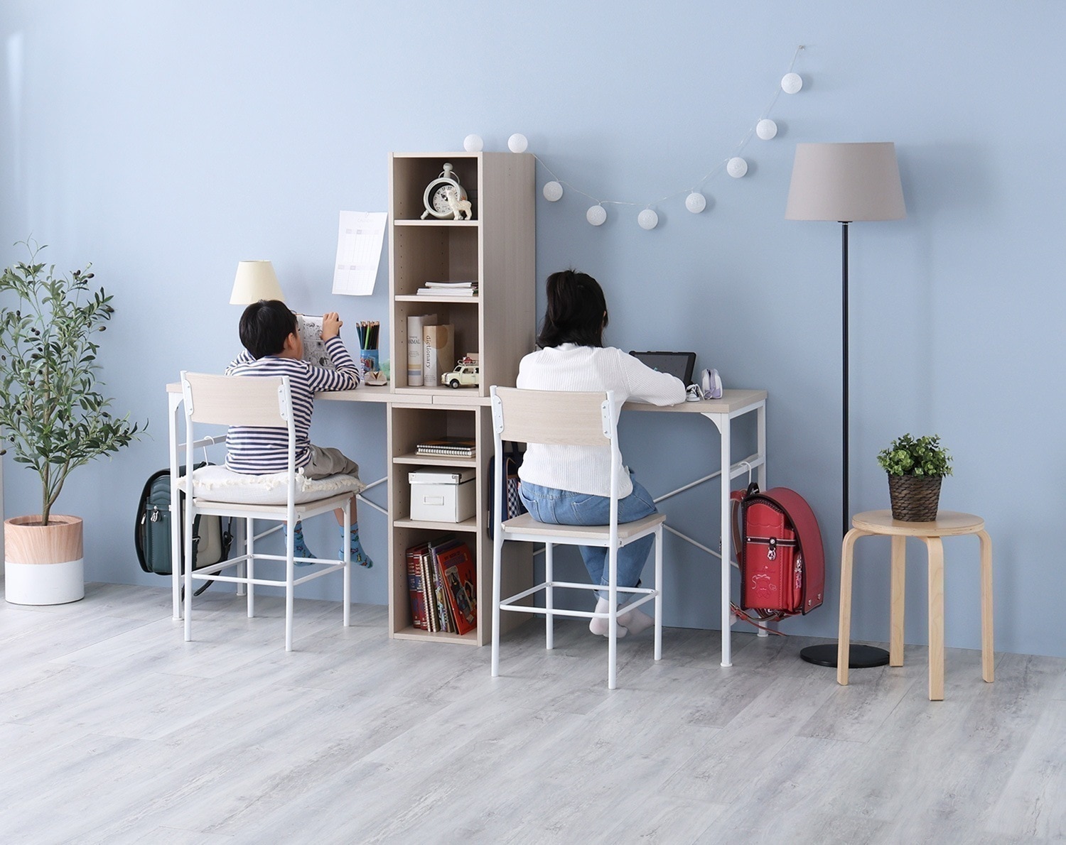 デスク 机 ツインデスク おしゃれ 木製 北欧モダン ワークテーブル ラック 棚 スリム 省スペース