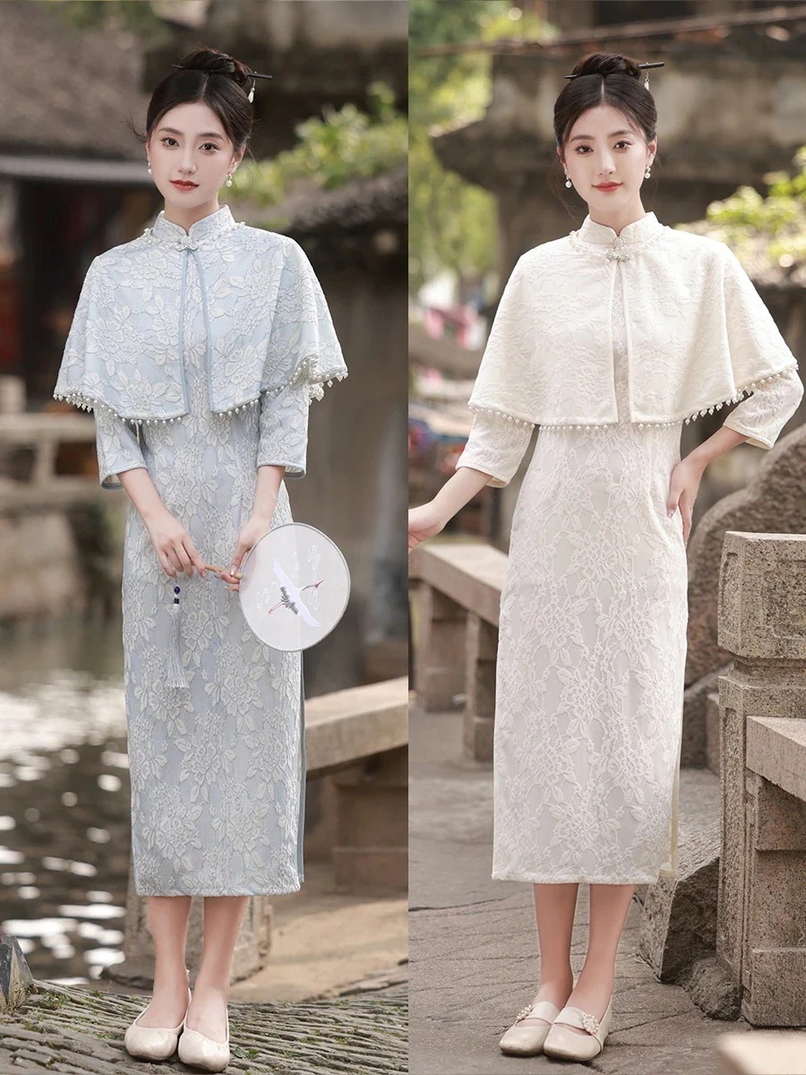 2025新入荷 チャイナドレス ドレス 2つのセット 春と秋のレースストール気品 ワンピース レディース 韓国ファッション パーティードレス