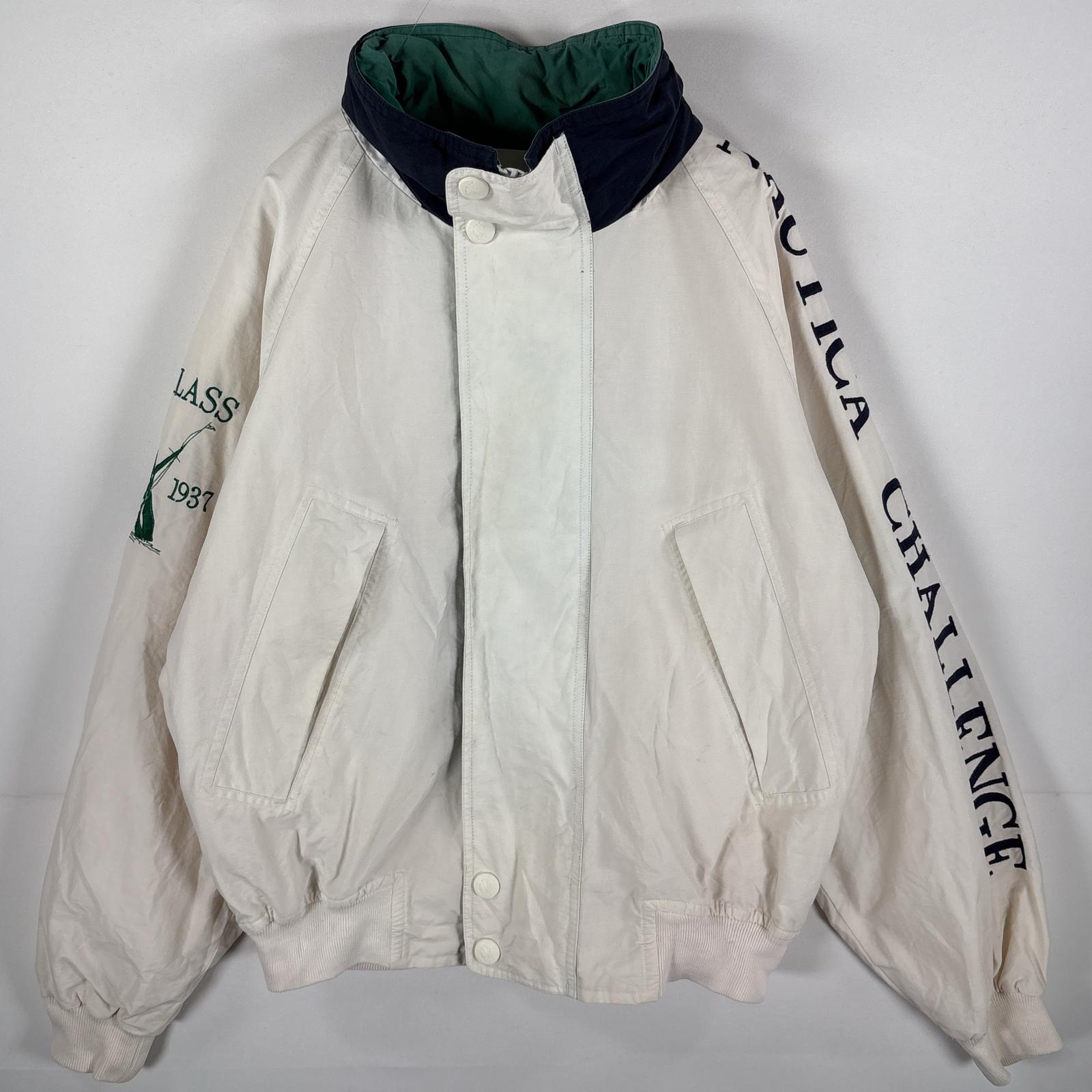 古着 90s/90年代 セーリングジャケット ビッグ刺繍ロゴ 収納フード付き M ホワイト　ネイビー メンズ
