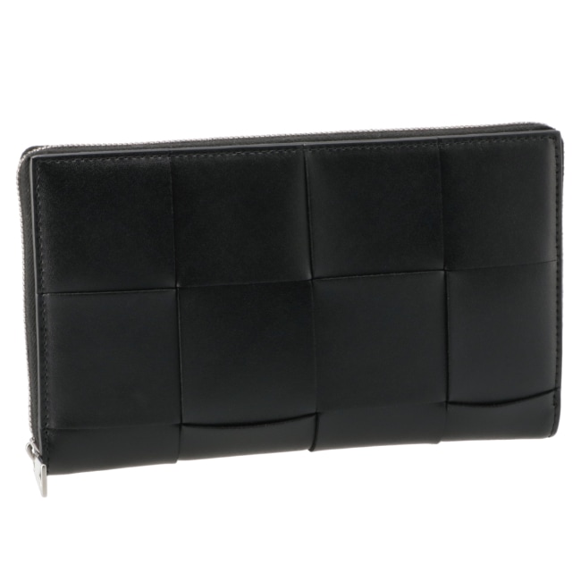 BOTTEGA VENETA 649607-VBWD2-8803 ボッテガヴェネタ ラウンドファスナー長財布 カセット マキシ イントレチャート カーフスキンレザー ブラック/シルバー