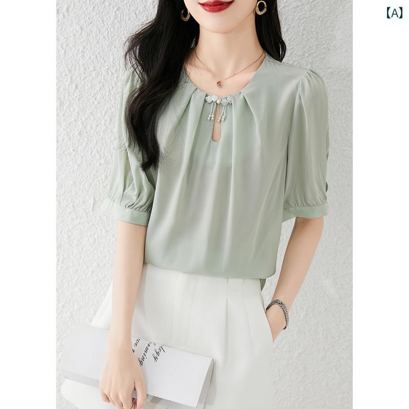 トップス レディース おしゃれ 上品 通勤 オフィス カジュアル 夏 フランス 半袖 シャツ 体型カバー