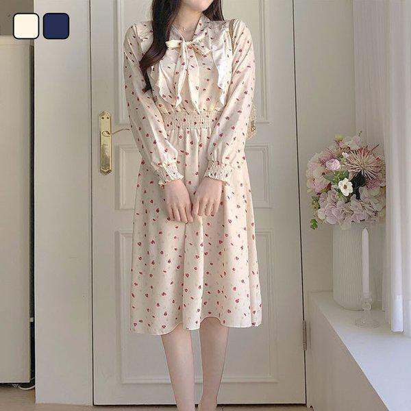 女性花柄リボンシフォンフリル長袖ワンピース DHTW-OPA-SN2390330