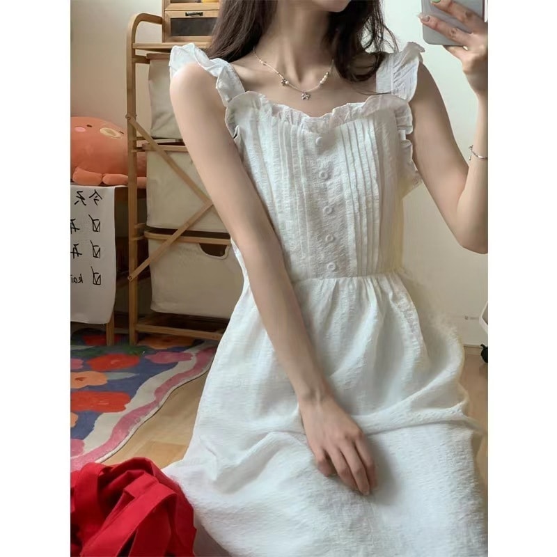 少女用フレンチデザイン白サスペンダードレス初恋妖精スカートフライングスリーブ学生ミドル丈スカート夏