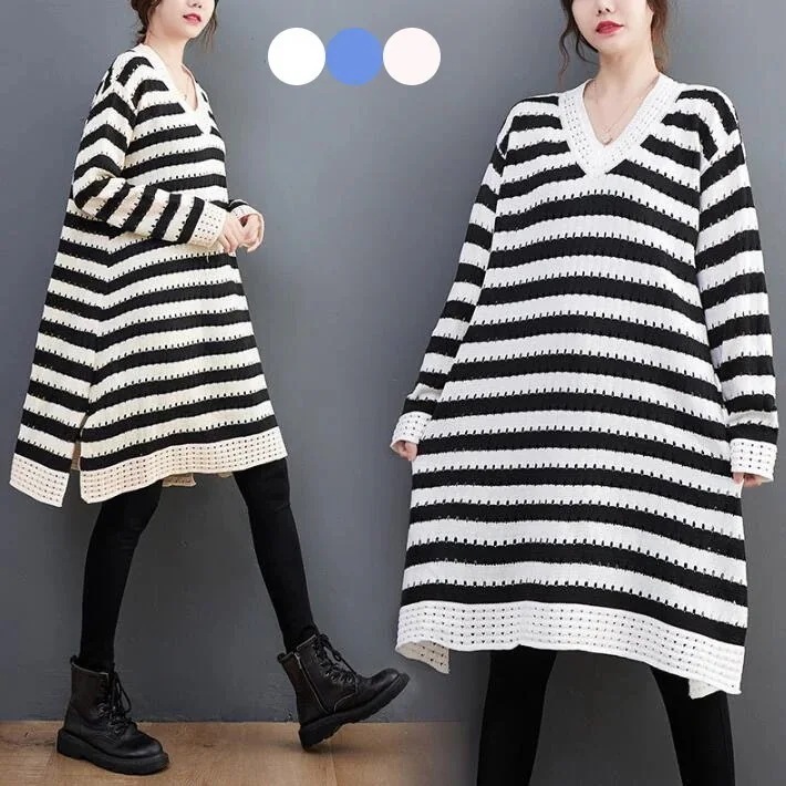ニットワンピース　Vネック　レディース　ニット　セーター ロング　膝丈　ワンピース　ロングワンピース 　チュニックワンピース　ゆったり 体型カバー 長袖 大きめ　無地