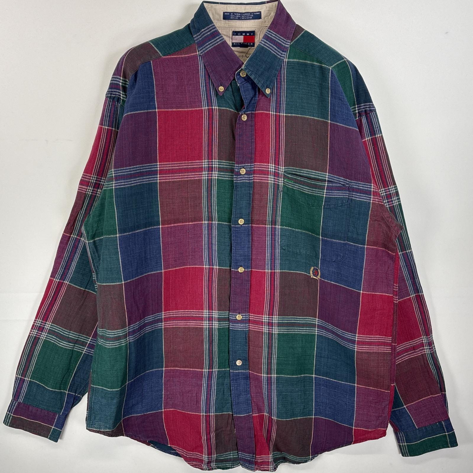 古着 90s/90年代 長袖シャツ ボタンダウンシャツ ワンポイント ロゴ 刺繍 リネンシャツ L パープル系 マルチカラー メンズ