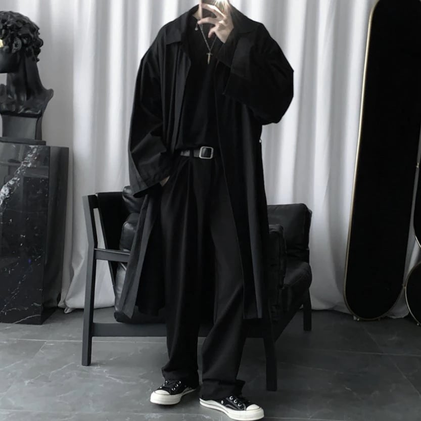 オープンタイプ スーパー ロングジャケット メンズ ユニセックス モード系 黒 ブラック 羽織 袴