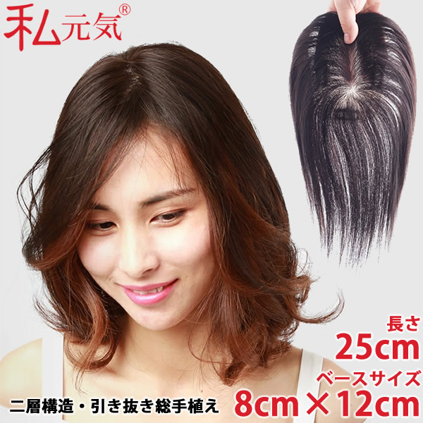 私元気 人毛 部分ウィッグ BHADS812-25 (送料無料) ポイントウィッグ 白髪かくし つけ毛 トップカバー 女性 レディース つむじ付き レミーヘアー レミーヘア 自然 ナチュラル