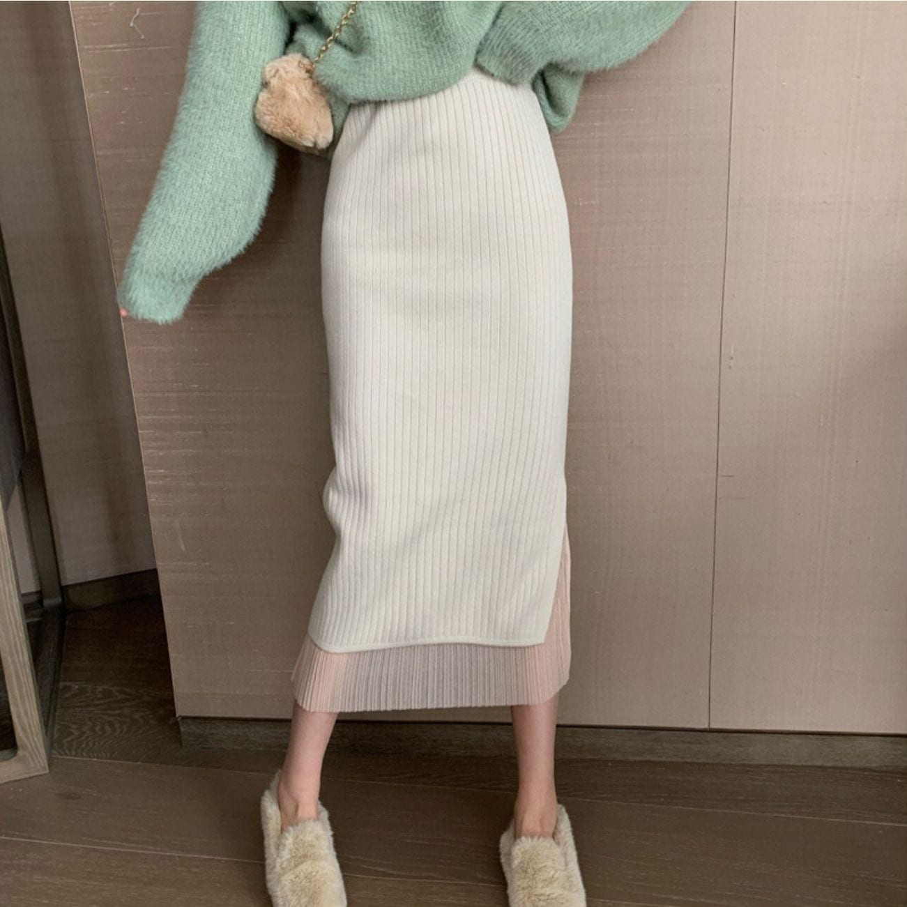 スカート ニットスカート 膝下 ミモレ丈 Iライン 切り替えデザイン プリーツ サイドスリット 切り替えデザイン 透け感 異素材MIX 大人可愛い シンプル 大人 上品 おしゃれ 大人女子