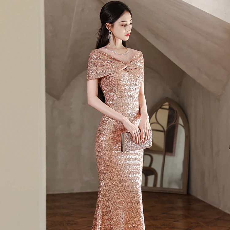 イブニングドレス高級感ロングドレス新作ゴールド女性用美しいフィッシュテールドレスエレガントなスパンコールドレス
