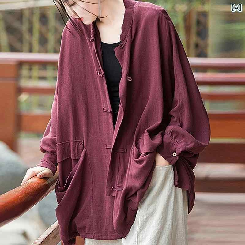 レディース　シャツ　トップス レトロ リネン ショルダー シャツ レディース 春秋 ミドル 丈 カーディガン スタンドカラー 無地 ハイエンド コットンと トップ 5,232円