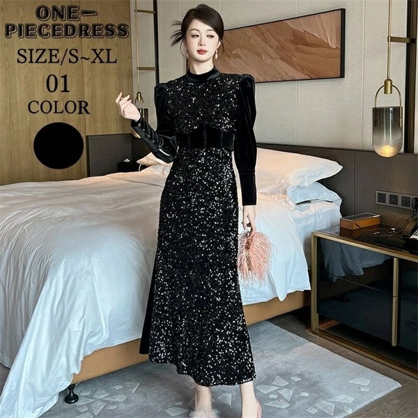 ベルベットワンピース　ラメ付き　ワンピスドレス　ロング丈　タイトワンピース　総レースフォーマルドレス　パーティードレス　ライトドレス　姫系　長袖　セクシー上品 大人 きれいめ スナック パーティー　結