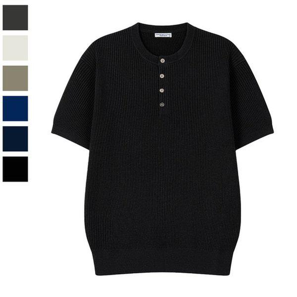 メンズ ベントン リブ リネン ヘンリーネック 半袖 ニットTシャツ AS-KNH-Q030-ブラック