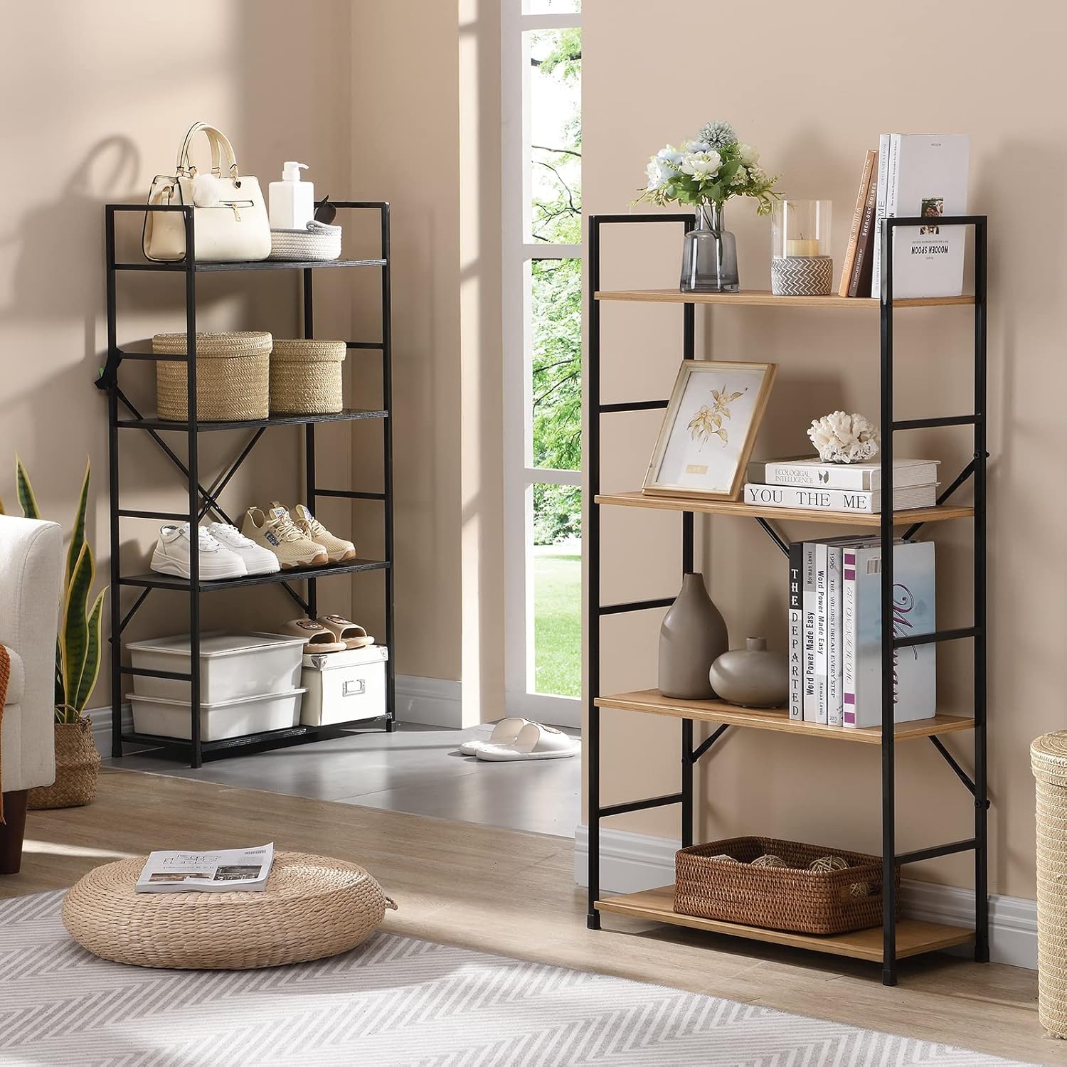 ラック オープンシェルフ スリム 隙間収納 木製棚板 スチール 幅58.6×奥行23.5×高さ112cm 4段 組立品 オーク色×ブラック