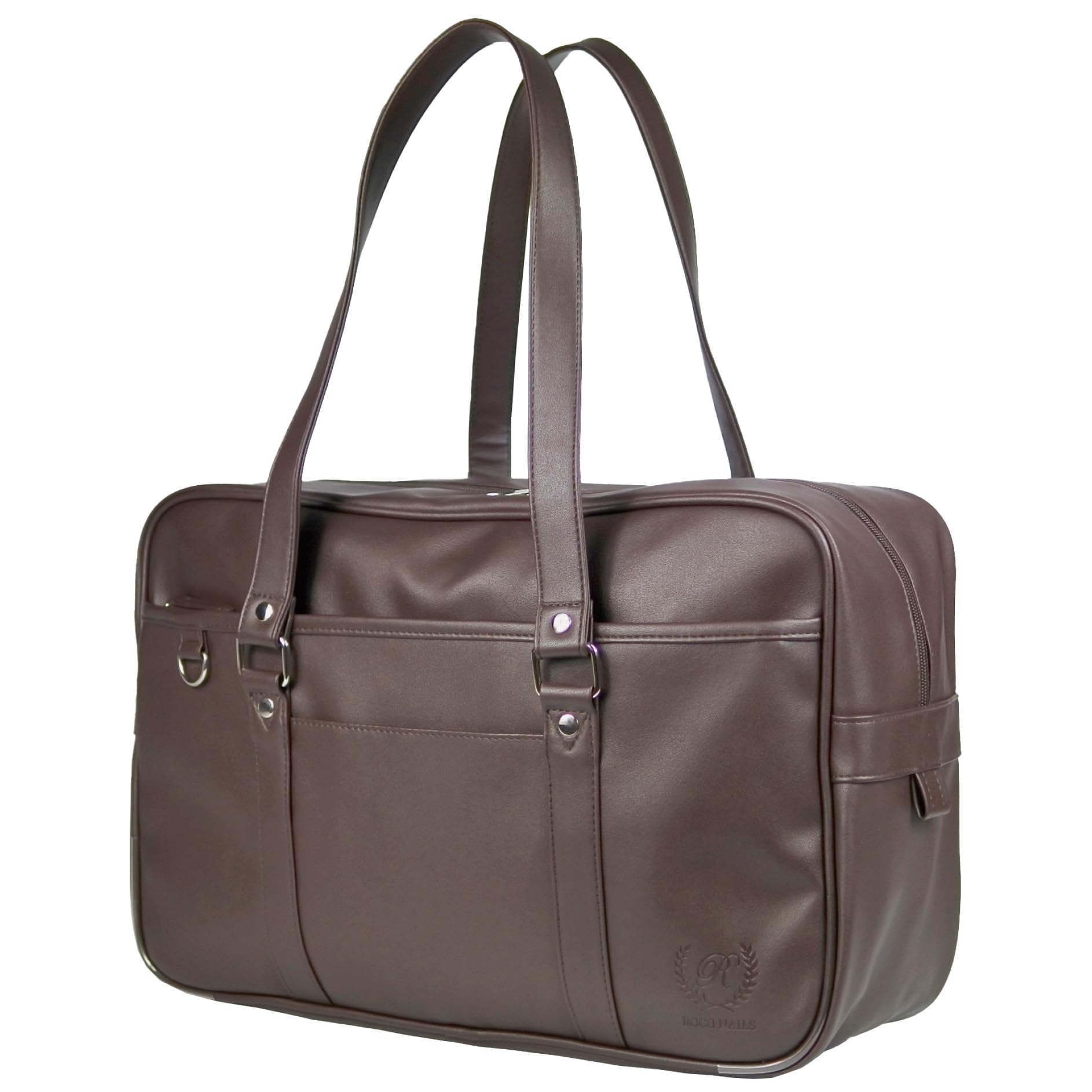 【ROCO NAILS】スクールバッグ スクバ 合皮 ブラウン 茶 高校生 女子 ボストンバッグ 通学 型押し A4ファイル対応 大容量