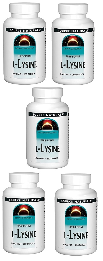 ソースナチュラルズ,　L-リジン(L-Lysine) 1000mg 250錠　5ボトル