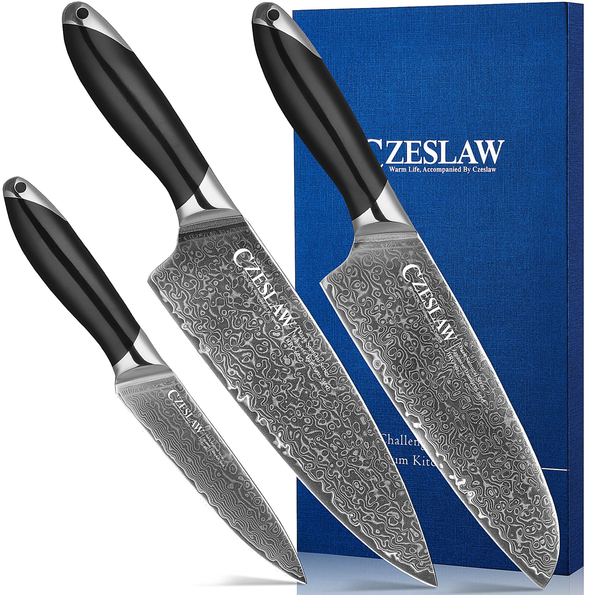 包丁セット, 日本式ダマスカス包丁カバー, ププロ仕様シャープな三徳包丁, 3点黒包丁 セット, 調理用ナイフセット, プレミアムダマスカス鋼鍛造, 人間工学に基づいたABSハンドル付き,