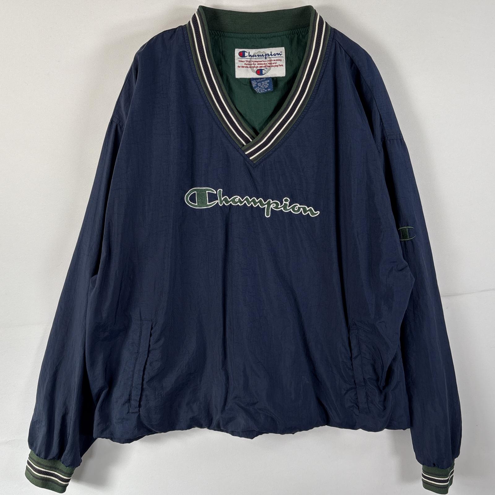 古着 ウォームアッププルオーバー 大きいサイズ Vネック リブ ビッグ刺繍 ワンポイントロゴ XL ネイビー メンズ