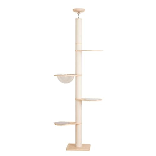 PETTIFUL キャットタワー 突っ張り 【ハンモック無料おまけ】 木製 大型猫 滑り止めマット付き コットン紐 スリム 木登り 多頭飼い キャットツリー シニア 据え置き 太い支柱 猫タワー 中型