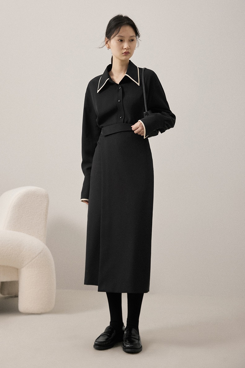 カラーコントラスト ステッチ ラペル シャツ 女性 秋 冬 シンプル ルーズ トップ ベージュ ブラック S M L トップス 袖あり かわいい 大人可愛い きれいめ シンプル カジュアル 大人 上品