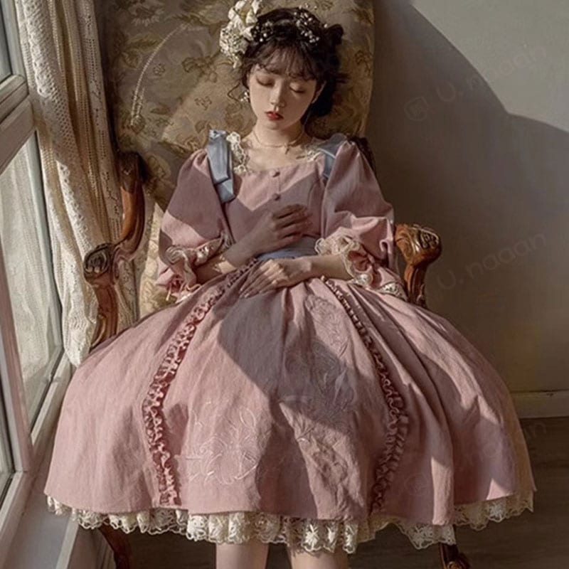 ロリータピンクドレス レトロドレス ロリータ重工ドレス