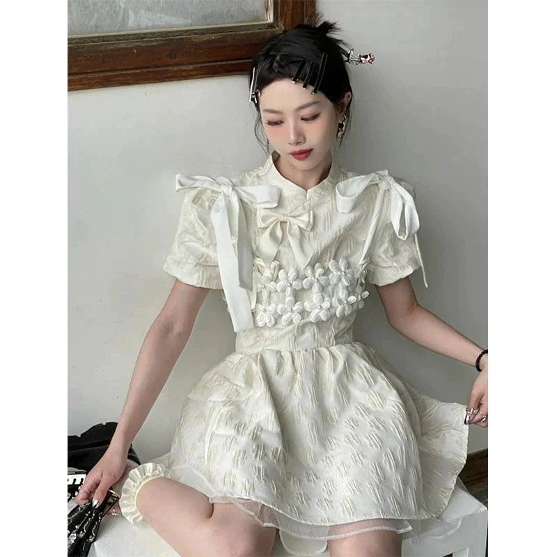 レトロなリボンスリーブワンピースセット女性用夏フラワーベストアウターシングルスカート 4,773円