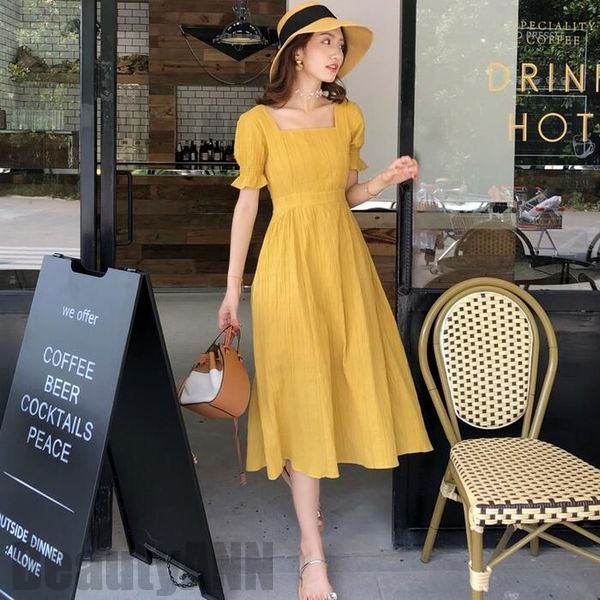 ワンピース ロングワンピ レディース 袖あり パフスリーブ 半袖 きれいめ カジュアル ミモレ丈 スクエアネック おしゃれ ハイウエスト 大人 可愛い ワンピ ドレス イエロー ブラック 黒 春 秋