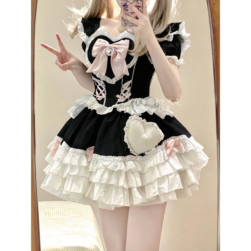 コスプレドレス 复制 かわいい 半袖 リボン本 ワンピース Lolita 洋服 ポンポンスカート 韓国 花嫁 茶会 4,847円