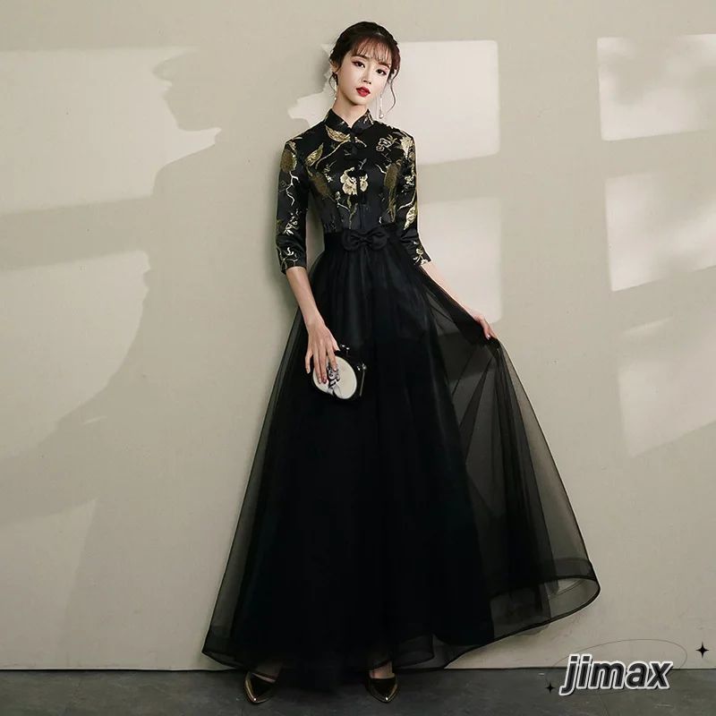 パーティードレス 結婚式 ワンピース longdress ロングドレス ミモレ丈 詰襟 ワンピース 袖あり 五分丈 ウェディングドレス ウエディング ドレス 二次会 花嫁 ブライズメイド お呼ばれ ワ