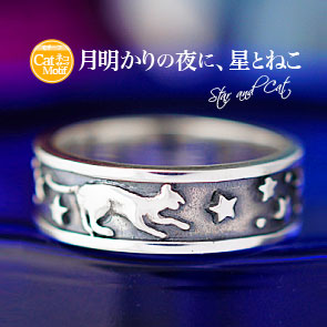 メール便なら送料無料！ r0628 レディース 月明かりの夜に星とねこ ネコ お月様 シルバー925