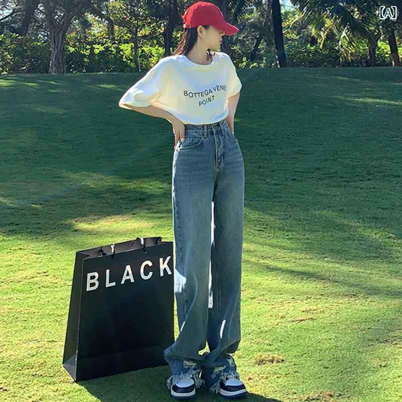デニムパンツ レディース ダメージ ジーンズ クラッシュ ボトムス ワイド 春秋 ストレート ハイウエスト カットオフ 韓国 ウォッシュド ブルー