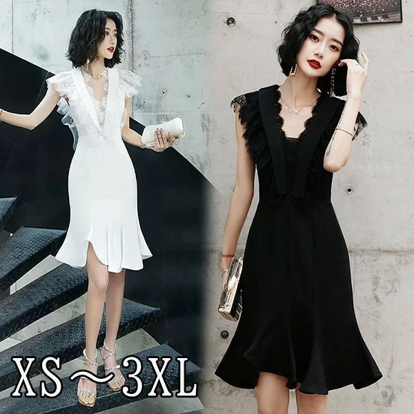 ドレス 大人 ピアノ 発表会 イブニングドレス Vネック パーティードレス ショート丈ドレス 演奏会 結婚式 成人式 Aライン ホワイト ブラック 大きいサイズ ワンピース 上品 フォーマル ファスナ