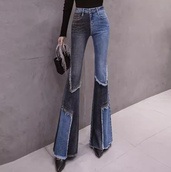 パンツ ボトムス レディース ロング丈 ドッキング バイカラー フリンジ パンツ デニム ゆったり 定番 ハイウエスト 万能 シンプル デイリー 普段使い ボーイッシュ メンズライク ストリート