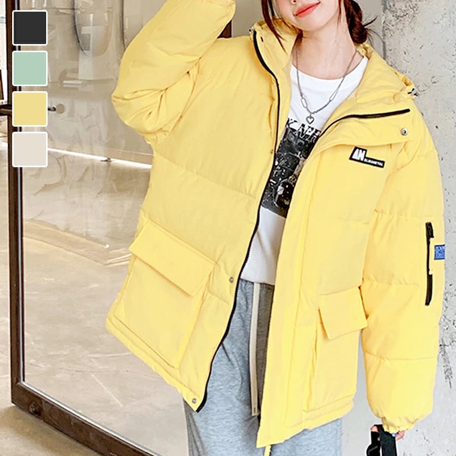 ダウン ジャケット アウター ショート丈 長袖 ポケット ボタン ファスナー フード アームジッパー ロゴ 韓国ファッション レディース 秋 冬 新作 ブラック グリーン イエロー アイボリー S M