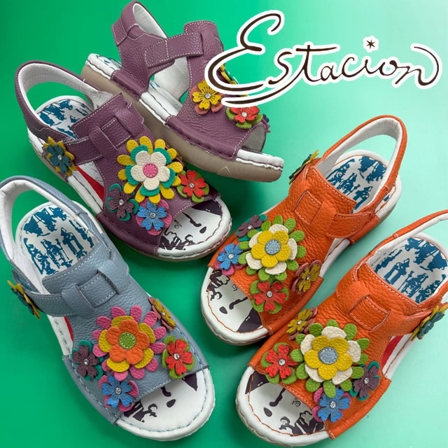 エスタシオン レディース 厚底 サンダル 痛くない フラワーモチーフ 本革 ストラップサンダル ベルクロ 歩きやすい レザーサンダル 疲れにくい マジックテープ MSE186 オレンジ パープル ライ