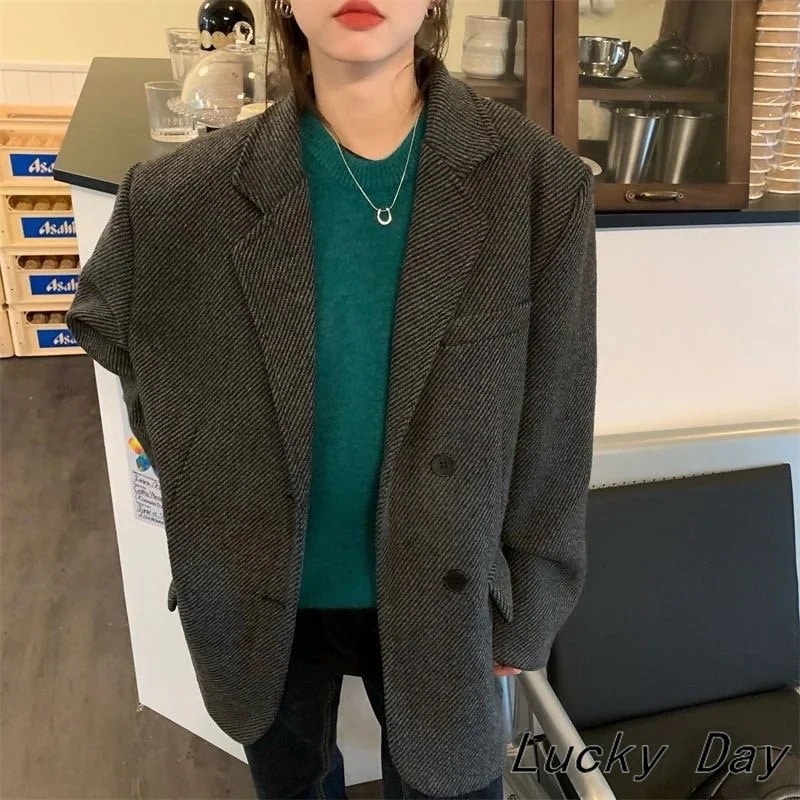 綾織のブレザー女性冬年韓国版雰囲気ゆったりカジュアル厚手ブレザー女性