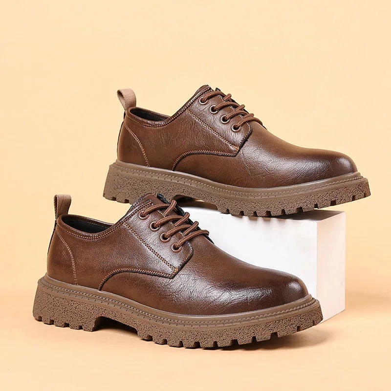 【急速出荷!】メンズレースアップレザーシューズロートップ英国スタイルメンズラウンドトゥビッグトゥシューズワークシューズ厚底カジュアルシューズ