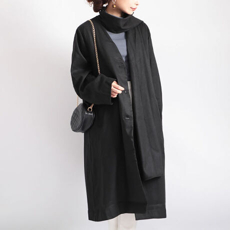 アウター コート ロングコート 長袖 Vネック 前開き ボタン ポケット スカーフ付き ロング丈 かわいい 大人可愛い きれいめ シンプル 上品 おしゃれ かっこいい カジュアル こなれ感 個性的