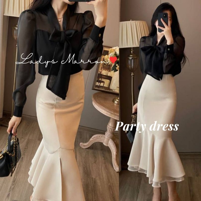 【本日限定】ブラウス スカート セットアップ ボウタイブラウス 黒 マーメイドスカート ベージュ 可愛い 韓国 ツーピース 上下セット 2点セット 無地 Vネック 春 秋 長袖 ロング丈 シフォンブラ