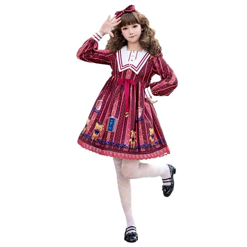 オリジナルロリータロリータドレスドレスソフトガールかわいい女性長袖クラウンベアロリータプリントOPドレス