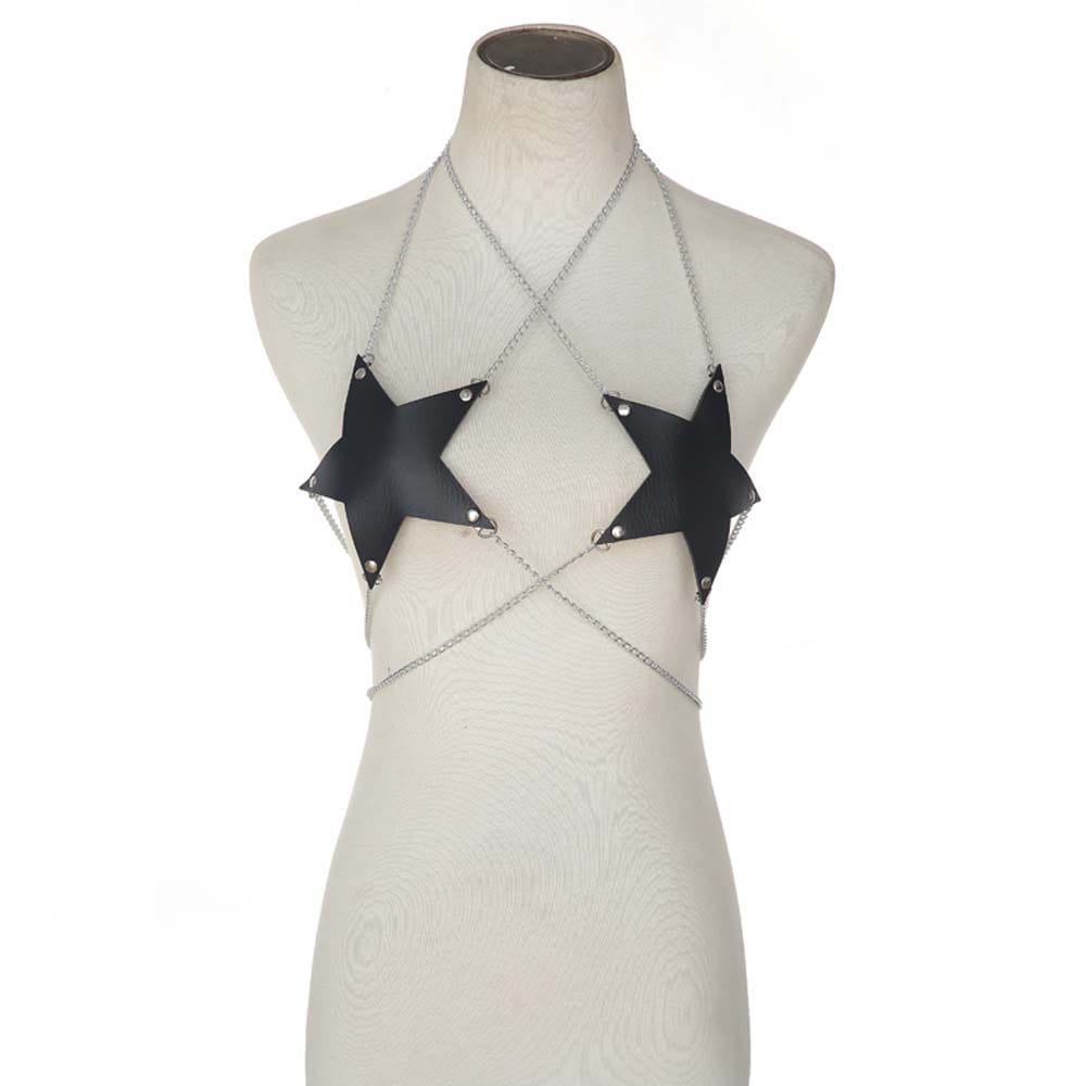 ボンデージ風 ブラックレザースターハーネスボディチェーン ウエスト 腰 ベルト 鎖 女性 プレゼント