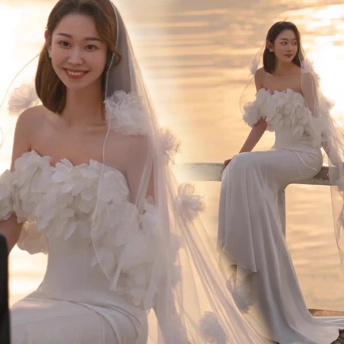 森系 ウェディングドレス 白 二次会 花嫁 海外挙式 お呼ばれドレス フォト 披露宴ロ 花柄フィッシュテールのドレスです