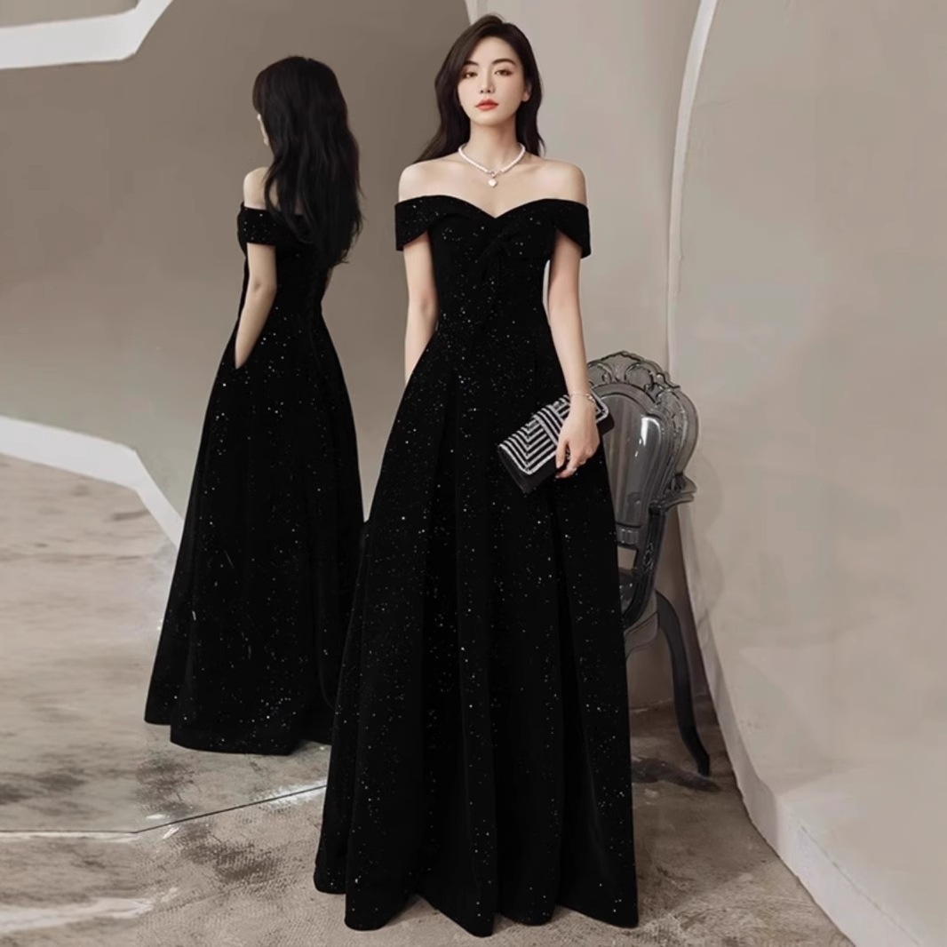 【送.料.無.料.急速発送】星空デコルテ黒スパンコールロングスカートドレス 演奏会 ウェディング 発表会 成人式 二次会 お呼ばれ