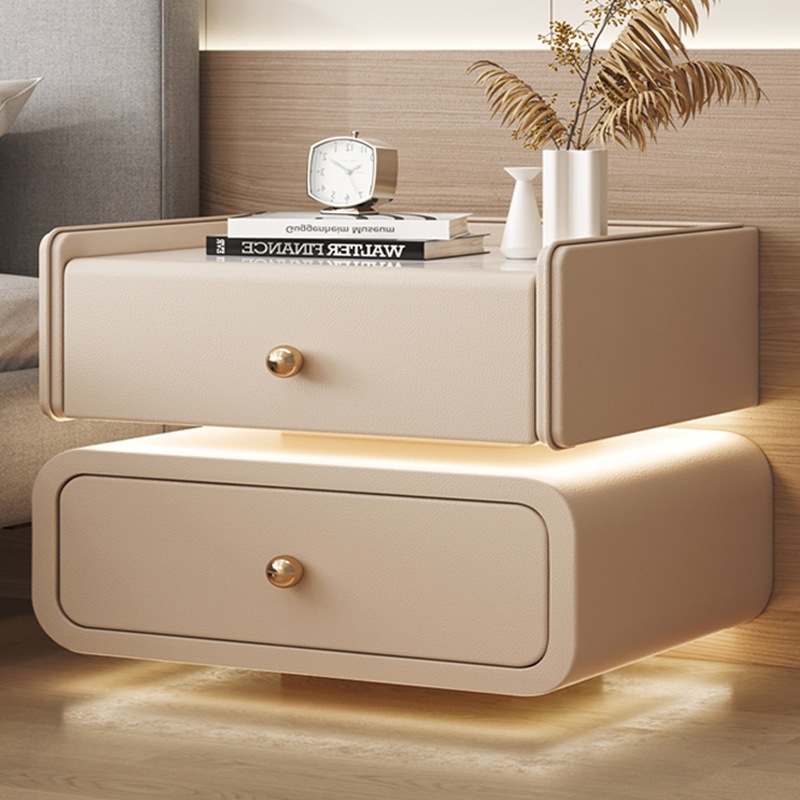 大尺寸床头柜轻奢高级感皮质卧室家用简约现代带感应灯岩板床边柜
