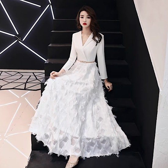 【取寄：納期2週間】演奏会ドレス イブニングドレス スーツ風 フェザーデザイン 長袖 Vネック 発表会 演奏会 レディース 結婚式 ステージ衣装 ロング丈 エレガント ウエディングドレス