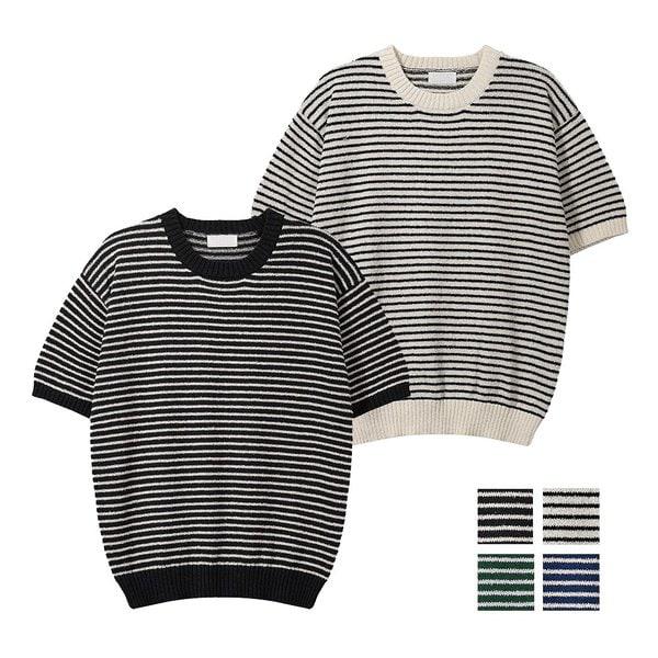 メンズ夏ユニークストライプ半袖ニットTシャツ SG-KNH-Q059-ブルー