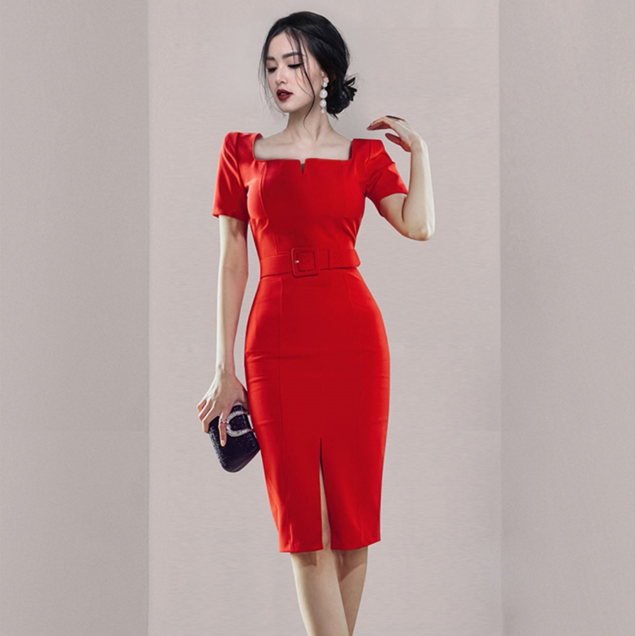 ワンピース レディース フォーマルドレス 半袖 バブルスリーブ スクエアネック ウエストマーク