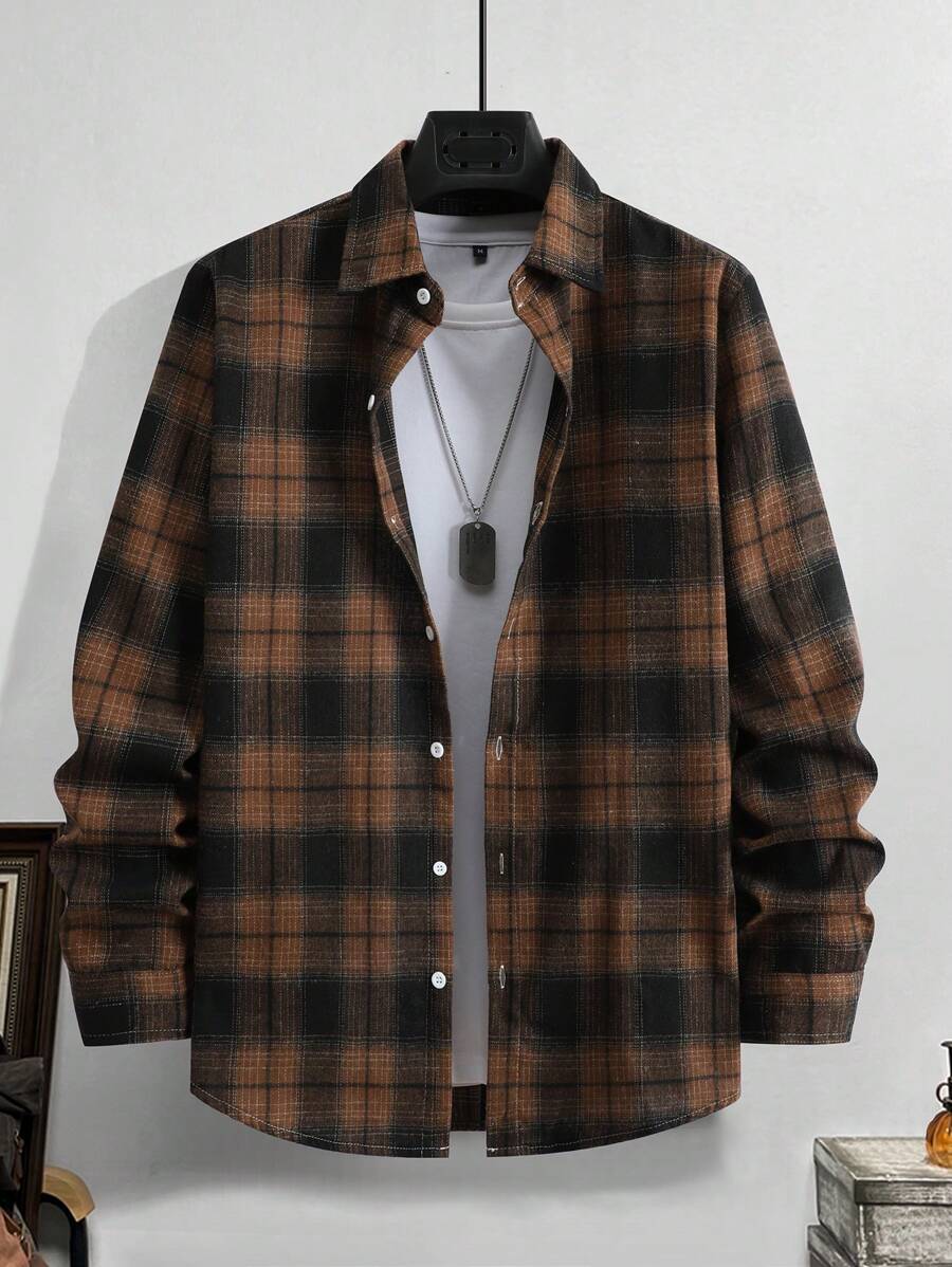 Manfinity Homme メンズ春カジュアルチェック柄長袖シャツ秋用