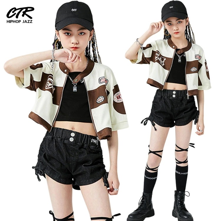 【即納】キッズダンス衣装 セットアップ へそ出し ジャケット タンクトップ ズボン ヒップホップ カーキ 半袖 チアガール チアダンス ジャズダンス 半ズボン 女の子 子供 キッズ ダンス衣装 子供 4,796円