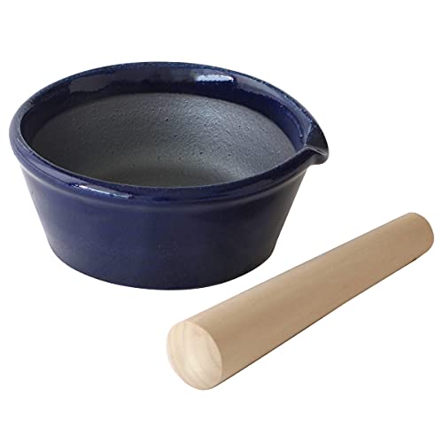 色：藍 かもしか道具店 すり鉢 すりこぎ セット 萬古焼 日本製 木製 5号 溝のない 片口 すりば
