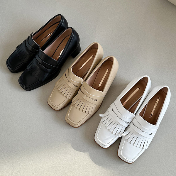 ローファー コインローファー 牛革 フリンジ スクエアトゥ レディース 黒 ベージュ 白